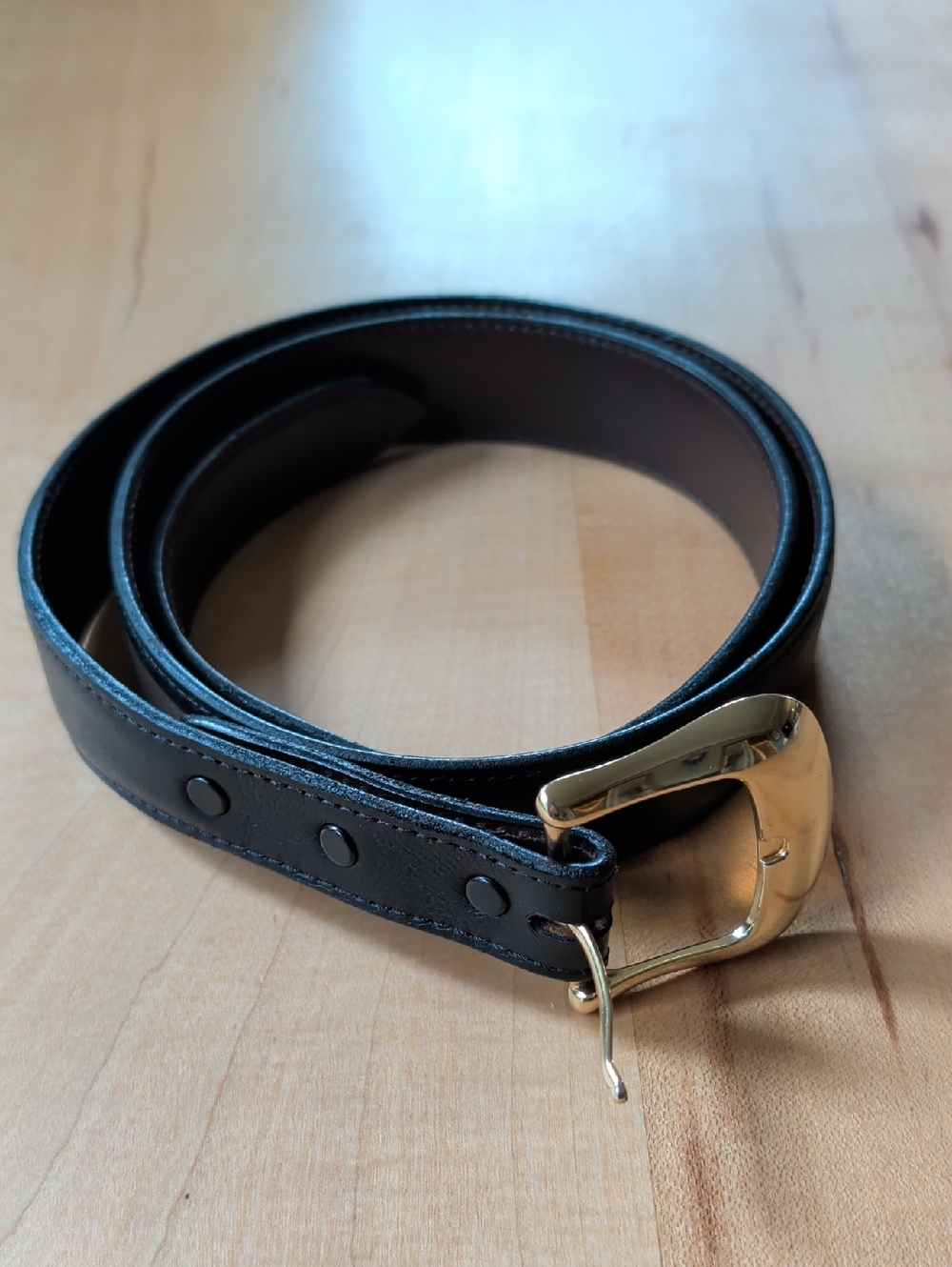 Men's Black Leather Belt with Brass Buckle
